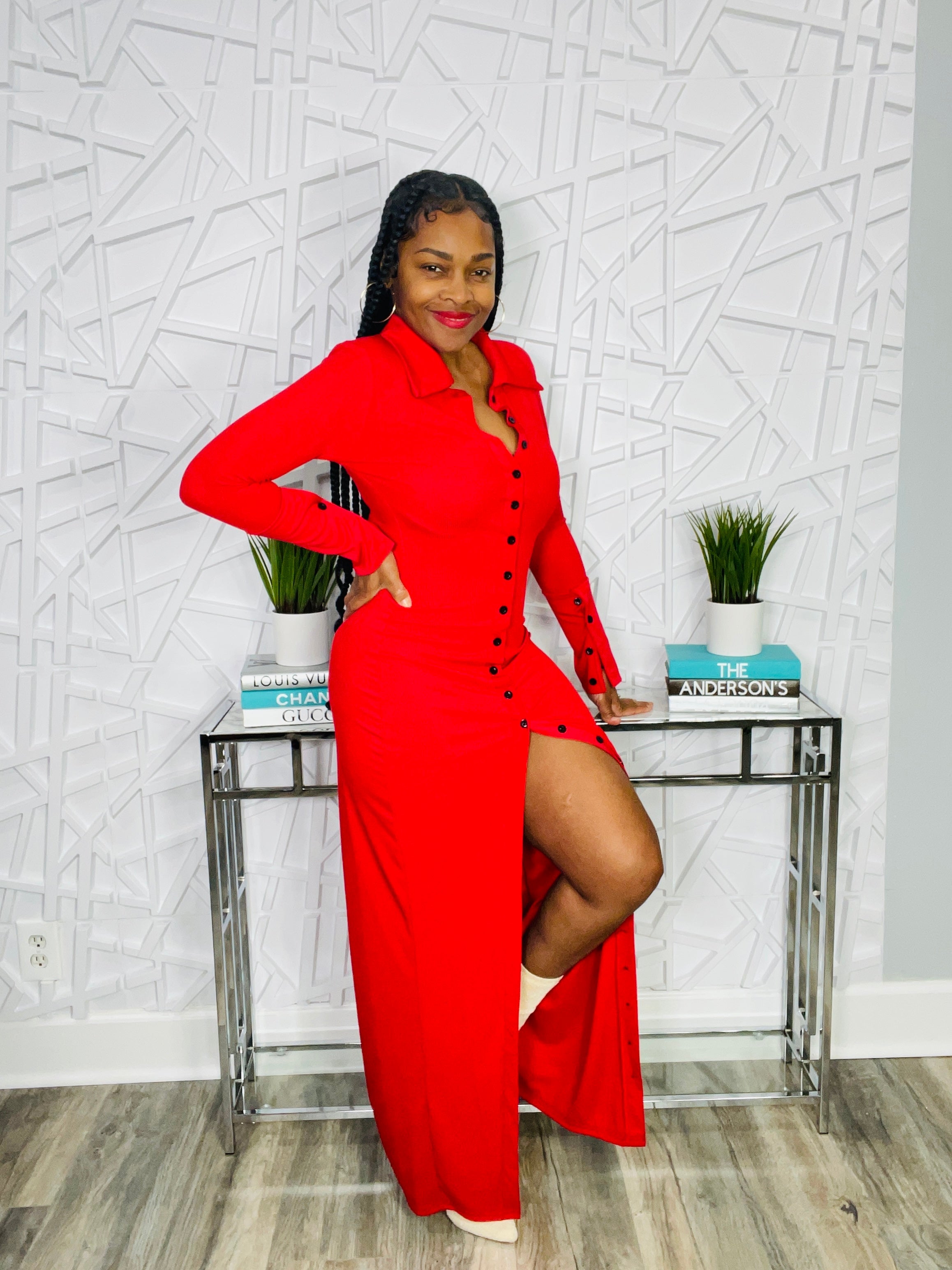 Pretty & Red Ribbed Button Down Maxi Dress